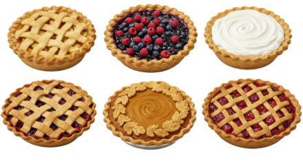 Fresh baked pies, including berry and lattice-topped varieties, isolated on a white background.