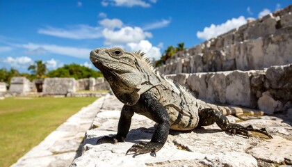 A large iguana basks in the sun on a stone wall amidst ancient ruins under a bright blue sky