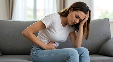 Obraz premium Young woman in pain sitting on sofa touching head and stomach