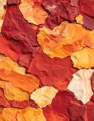 Fototapeta premium Close-up of a textured wall composed of irregularly shaped stones in varying shades of red, orange, and beige