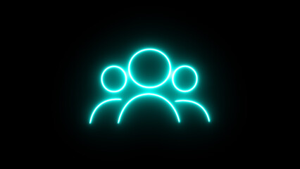 Neon glowing icon of three people in a group against a black background