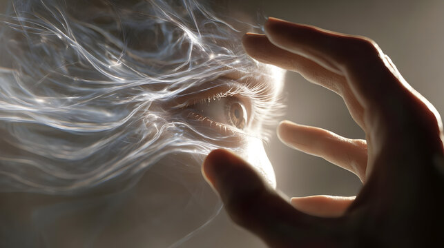 Close Up of an Eye with a Hand and Glowing Abstract Lines