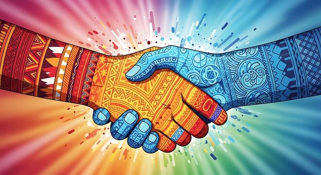 Colorful patterned handshake symbolizing collaboration across cultures and ideologies
