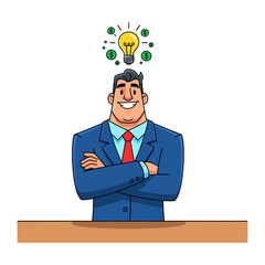 Innovative Business Idea: A confident businessman, standing tall with crossed arms, embodies the spirit of innovation as a glowing light bulb hovers above his head, symbolizing new ideas.