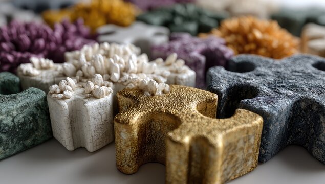 Close-up of colorful, textured puzzle pieces