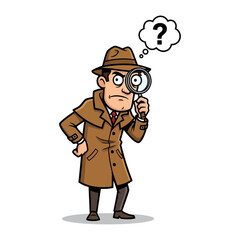 Detective's Deduction: A focused detective peers through a magnifying glass, contemplating a question mark above his head in a detective style of illustration.