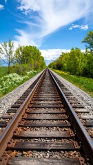 Fototapeta premium A long railway track stretches to the horizon, flanked by lush greenery under a vibrant blue sky