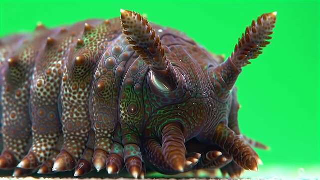 Macro Close-up of a Unique Velvet Worm (Onychophora) on Green Background, Showcasing its Segmented, Textured Body and Prominent Antennae.