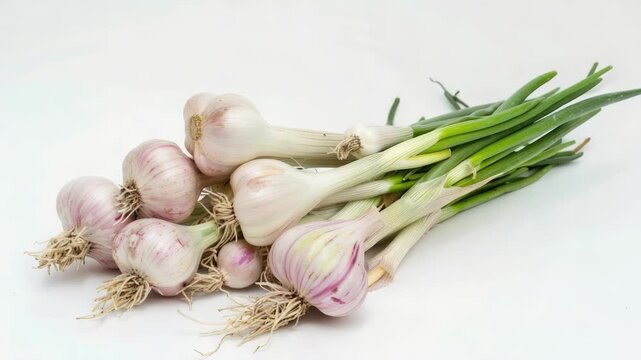 Whole, fresh garlic bulbs with tops attached, used for cooking. Organic produce option.