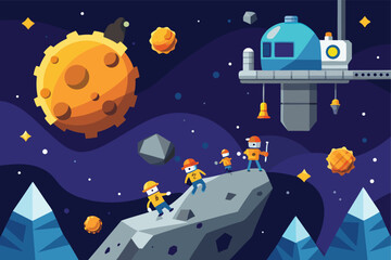 Naklejka premium Fantasy Asteroid Field With Cartoon Mining Platform