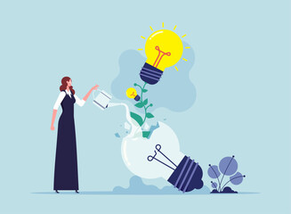 Opportunity to learn from mistakes concept, success solution, innovation from failure, businessman watering a plant from a broken light bulb, symbolizing innovation and growth from failure