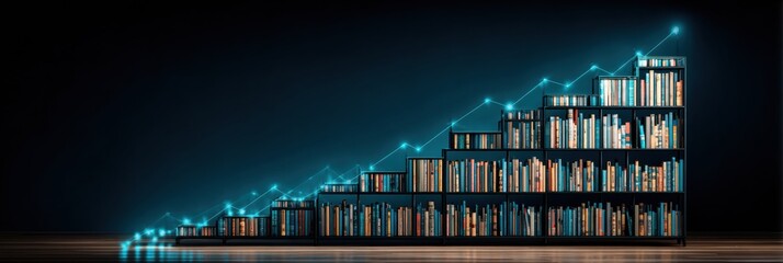 Books Arranged in a Stair-Step Pattern With Glowing Accents Illustrating Growth and Knowledge on a Dark Background