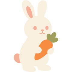 Cute flat vector illustration of white rabbit holding carrot, cartoon farm animal, isolated on white background.