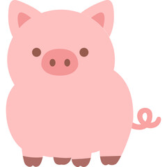 Cute pink pig cartoon flat vector illustration standing with curly tail, isolated on white background, farm animal design.