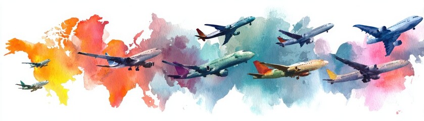 Fototapeta premium A vibrant watercolor illustration featuring various airplanes flying across a colorful backdrop.