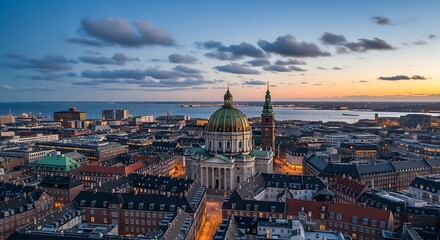 Fototapeta premium Copenhagen cityscape showcasing the majestic Marble Church at dusk blending history and urban beauty