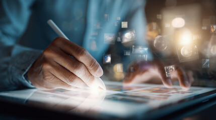 Person using stylus to draw on digital tablet with glowing images  