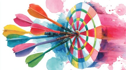 Fototapeta premium A vibrant watercolor illustration of a dartboard with colorful darts, showcasing dynamic movement and artistic flair.