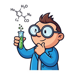 Science Scholar's Inquiry: A cartoon scholar, enraptured by scientific formulas, holds a vial of bubbling chemicals, sparking curiosity and exploration in the realm of science.