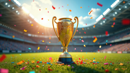 Golden trophy on grass field with confetti in empty stadium.