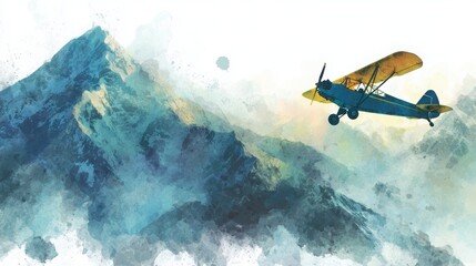 Obraz premium A vibrant watercolor painting of a blue airplane soaring above majestic mountains, capturing the beauty of flight and nature.