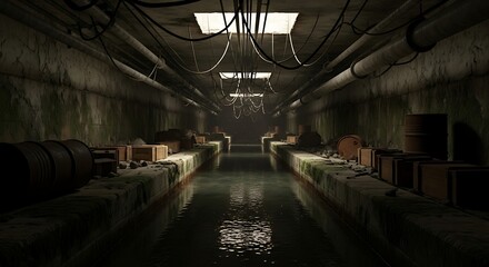 Eerie underground canal with rusty barrels and eerie lighting casting unsettling shadows and