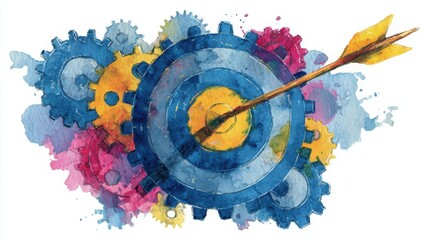 A colorful watercolor illustration of a target with an arrow, surrounded by gears, symbolizing precision and mechanics.