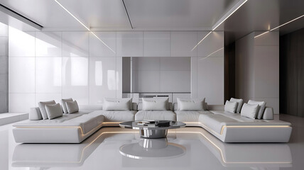 Luxurious modern living room with a large u shaped sectional sofa and contemporary coffee table