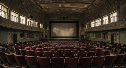 Abandoned Movie Theater Interior - Empty, decaying movie theater seats face a large screen. Old, ornate architecture is visible. A sense of history and abandonment