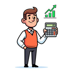 Financial Acumen Illustration: A smiling man, symbolizing financial insight, holds a calculator next to a rising graph, depicting a positive trend in the business world.