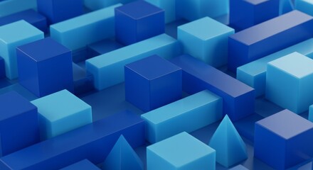 Obraz premium Abstract Blue Geometric Blocks Close Up - Dynamic pattern of blue cubes, rectangles, and pyramids. Symbolizing structure, design, technology, innovation, and complexity