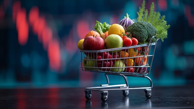Miniature Shopping Cart Filled with Fresh Fruits and Vegetables Against Blurred Red Financial Graphs on Dark Background.