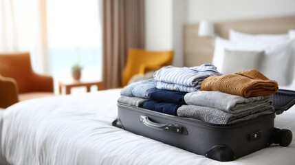 A neatly packed suitcase with folded clothes sits on a bed in a cozy hotel room, suggesting travel and organization.