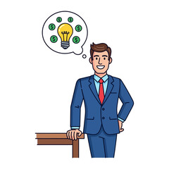 Innovation in the Boardroom: An illustration capturing a businessman deep in thought, a bright idea blossoming as he envisions financial growth and creative ingenuity.