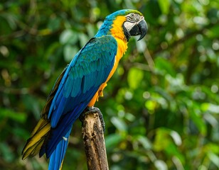 Fototapeta premium A vibrant blue and gold macaw perches on a branch, set against a blurred green foliage background