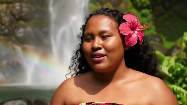 Woman with flower in hair, waterfall background