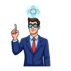 AI-powered Businessman with a Brilliant Idea: A dapper man in a suit, augmented with smart glasses, points towards an illuminated brain circuit, symbolizing innovative thought and advanced technology.