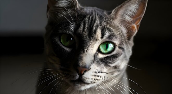 Dramatic close-up portrait of a grey tabby cat with vibrant green eyes.