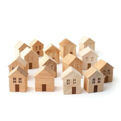 Small wooden houses arranged in a circle on a white background