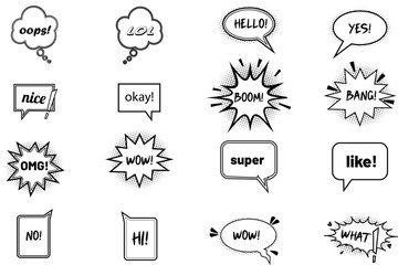 Expressive Speech Bubbles: A dynamic array of speech bubbles, each a vessel for succinct messages, from playful exclamations to affirmative nods, and impactful exclamations.