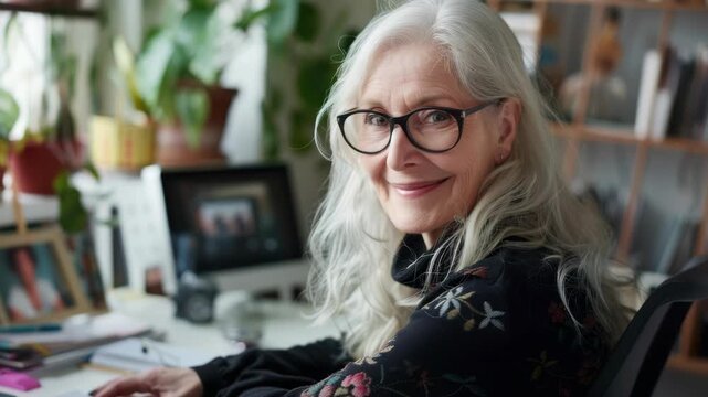 Elderly lady with glasses engaged in work on a digital device, possibly a laptop or tablet.