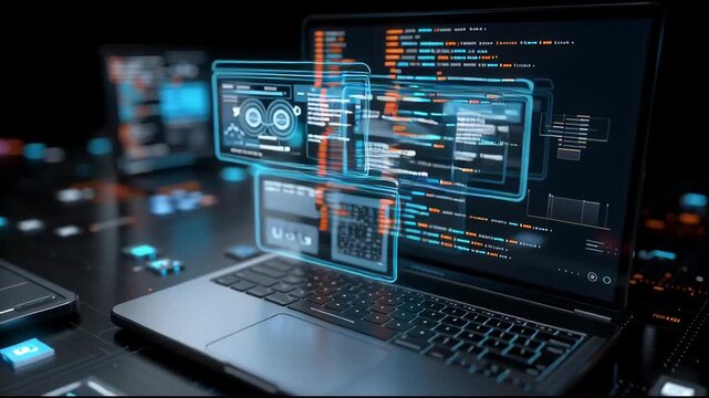 High-tech digital background featuring multiple devices displaying code and software development tools, with holographic screens showing data flow charts in an advanced cyber environment. 