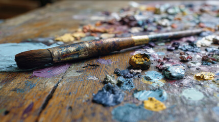 Fototapeta premium Close up of artist paintbrush resting on wooden palette with mixed paint colors and textures, evoking creativity and artistic expression