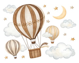Whimsical watercolor illustration of three hot air balloons floating among fluffy clouds and twinkling stars under a crescent moon