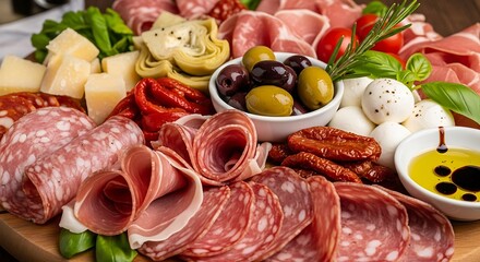 Delicious charcuterie board featuring cured meats, cheeses, olives, and fresh vegetables for sharing