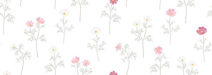 Hand-Painted Pink, White & Magenta Cosmos – Seamless Watercolor Pattern – Repeating Floral Design