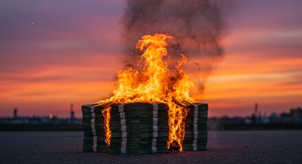 Burning Money at Sunset - A stack of money engulfed in flames against a vibrant sunset backdrop. Symbol of loss, waste, or destruction of wealth