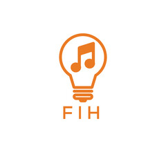 Creative Light Bulb with Music Note Logo Design for Music, Innovation, and Entertainment Branding. FIH Letter Logo.

