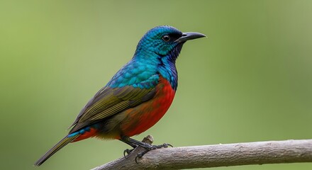 Detailed shot of a colorful sunbird perched on a branch against a soft green backdrop