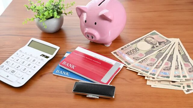 銀行通帳と印鑑とブタの貯金箱と日本円の束